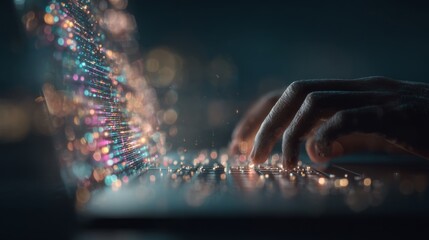 Harnessing ai advances to optimize office operations. Neon interfaces. Rapid typing amidst a digital data dance enhancing work efficiency. Data visualization. Tech panels.