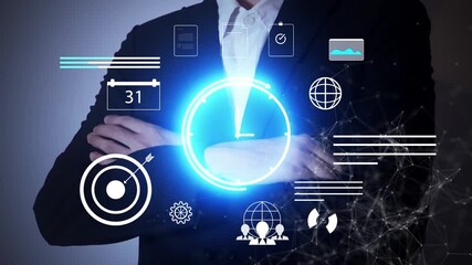 Time management and task planning concept with businessman digital interface, representing schedule optimization, productivity tools, project tracking and goal achievement strategy.