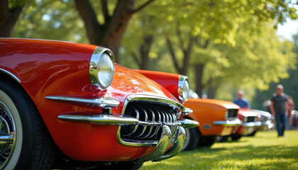 Classic cars lined up at outdoor spring festival event. Red, orange vintage automobiles gleam in sunny weather. Nostalgic collection of antique vehicles showcased in scenic park, drawing car lovers.