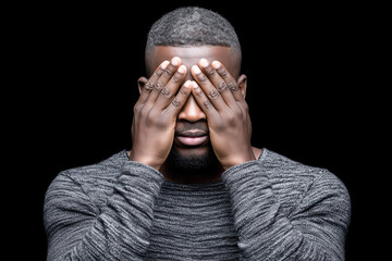 Portrait of a man covering his eyes with both hands against a black background, symbolizing emotion, introspection, privacy, and the concept of not seeing or avoiding reality.