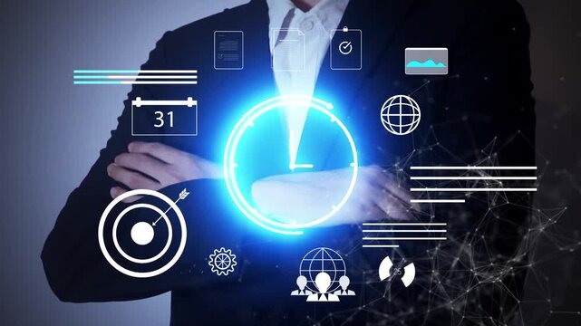 Time management and task planning concept with businessman digital interface, representing schedule optimization, productivity tools, project tracking and goal achievement strategy.