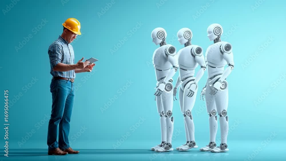 Poster professional engineer controlling advanced humanoid robots using digital tablet, showcasing technolo