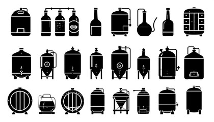 Collection of diverse, simple silhouettes of brewery equipment, including tanks, bottles, and barrels.