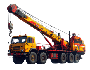  Yellow and Red Mobile Crane Truck with Extended Boom and Hook, Industrial Machinery Under Cloudy Sky, Isolated (2)