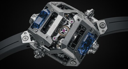 This exquisite luxury mechanical wristwatch features a unique cube-like design, visible gears, and brilliant blue sapphire accents, embodying modern horological skill.