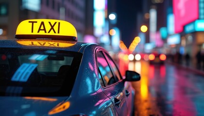 Yellow taxi sign glows brightly on car roof at night. City lights blur in high contrast background. Urban transport, traffic on wet streets create vibrant reflections. Iconic symbol of city travel,