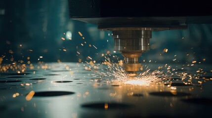 cnc machine with laser beam and sparks on metal plate
