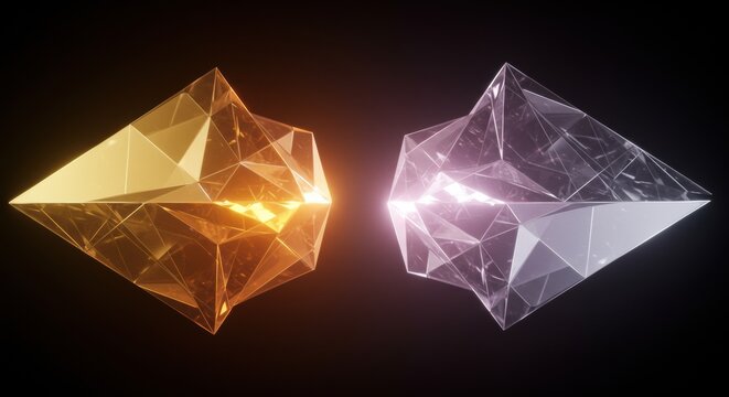 Abstract 3D Render: Luminous Gold and Clear Geometric Crystal Forms Reflecting on Dark