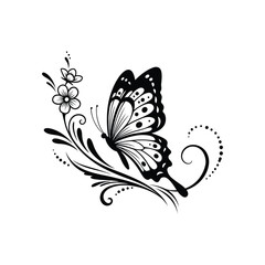 Black and white butterfly with floral design flowers monochrome vector illustration nature insect wings branch leaves elegant ornate