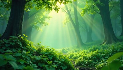 Obraz premium Ethereal mist clinging to vibrant green leaves, sunlight filtering through, creating a mystical forest scene Perfect for nature, fantasy, and magical themes , fog, mystical, greenery