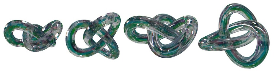 A series of glass tori with a colored diffuse effect on a white background. Modern and abstract style, creating a complex visual effect.