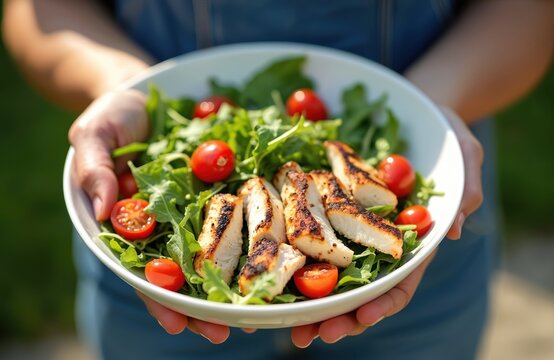 Healthy summer meal of grilled chicken salad with cherry tomatoes and fresh greens. Rustic outdoor dining presentation. Nourishing, fit lifestyle food.