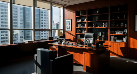 Elegant Executive Office Interior with City Views and Luxurious Decor Presentation