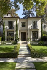 Fototapeta premium A light beige two-story home with meticulously landscaped grounds and a pathway leading to the front entrance.