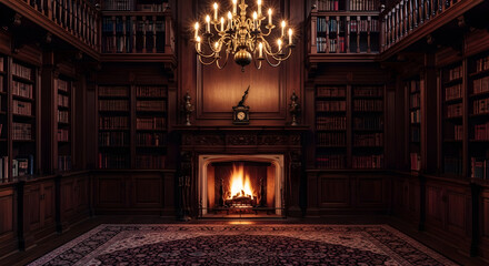 Elegant Library Interior with Fireplace and Bookshelves creating a Cozy and Vintage Vibe