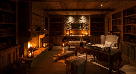 Elegant Library Interior With Fireplace, Bookshelves, and Warm Lighting for Relaxation