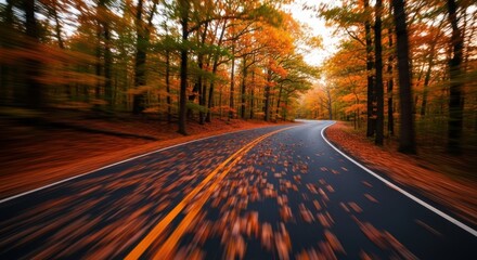 Serene autumn drive on a winding road through vibrant forest