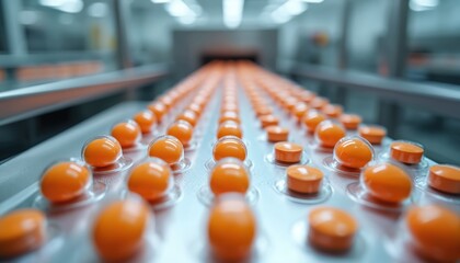Pharma production line, orange tablets in blister packs move on automated packaging machinery. Sterile industrial environment ensures quality control for health care medicine manufacturing.