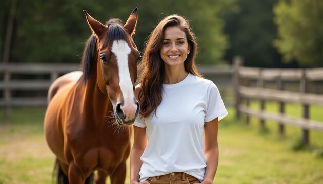 Happy woman in white crewneck t-shirt with brown horse outdoors on sunny day. T-shirt mockup with nature background. Casual attire, equestrian lifestyle, photorealistic animal, feminine, joyful,
