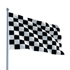 Black and white checkered racing flag waving dynamically on silver pole with realistic folds and texture isolated on pure white background