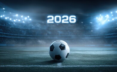 soccer ball on the field of stadium with text "2026"