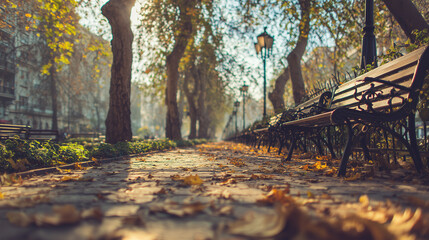 Modern City Park Alley with Fallen Autumn Leaves