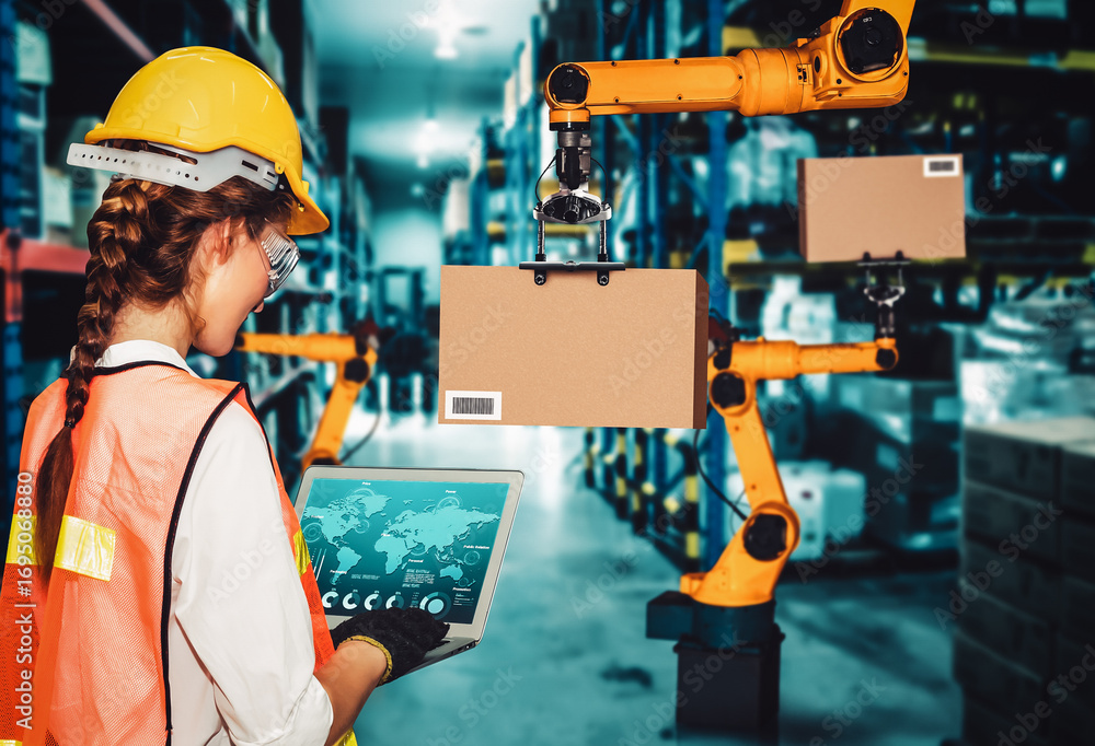 Poster smart robot arm systems for innovative warehouse and factory digital technology . automation manufac