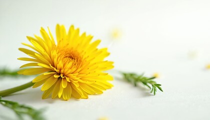 Vibrant yellow dandelion bloom showcases delicate petals against rich green meadow backdrop. Symbolizes springtime, growth, renewal in nature. Close-up detail captures fresh life, organic energy.