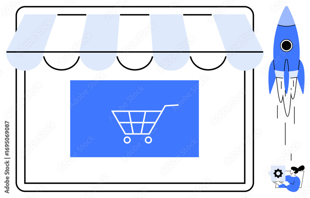 Aufkleber online storefront with a shopping cart highlighted on screen, symbolizing e-commerce and digital ret