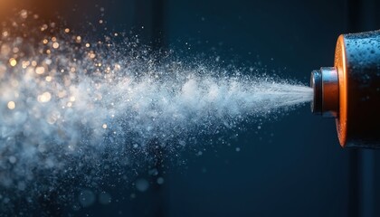 Compressible fluid air rushes from nozzle creating fine spray water, dynamic display. High speed liquid motion, pressure effect, engineering design, abstract splash jet, mist science, energy flow