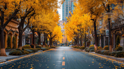 Fototapeta premium Empty Road with Fallen Leaves in Contemporary Cityscape
