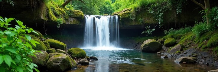 Obraz premium Serene waterfall cascading down moss-covered rocks into a tranquil creek, surrounded by lush green vegetation Perfect for nature, travel, and relaxation themes , shadows, vibrant, tranquility