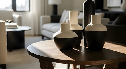 Fototapeta premium Elegant Home Decor: Modern Vases Arranged On a Stylish Wooden Coffee Table