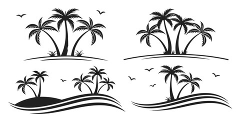 Tropical Palm Trees and Ocean Waves Silhouette Collection