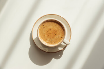 Minimalist Coffee Cup with Crema on Light Wooden Table under Sun Light