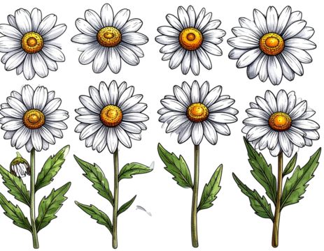 Firefly_-Daisy flower doodle set, line art, transparent PNG