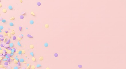 Pastel confetti scattered on a light pink background creating a festive and celebratory scene