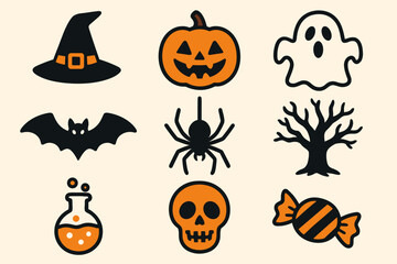 Halloween Icons Set – Pumpkin, Ghost, Witch Hat, Black Cat, Skull, Bat, Spider Web