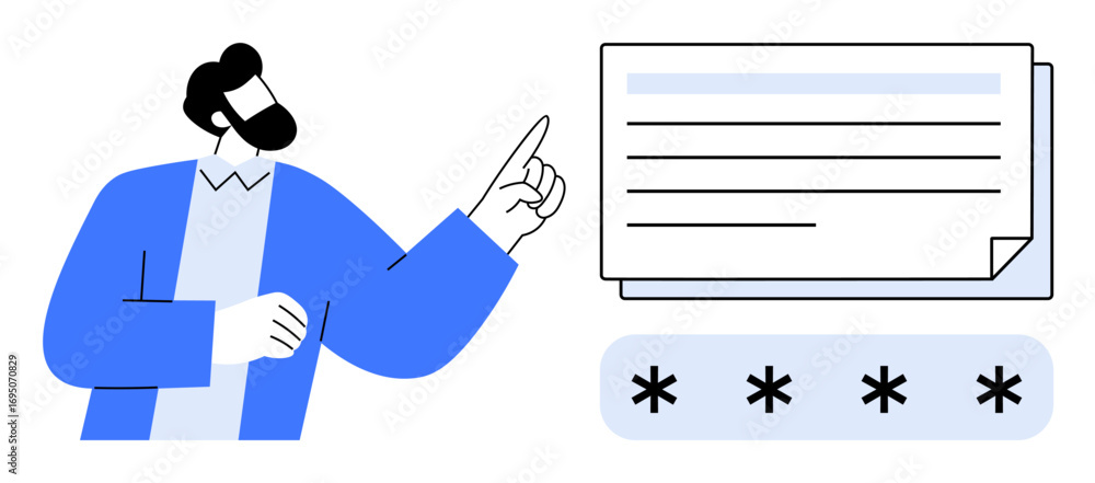 Aufkleber man pointing at a document with text and password fields below. ideal for digital security, user aut