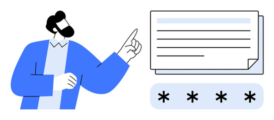 Man pointing at a document with text and password fields below. Ideal for digital security, user authentication, online privacy, identity verification, password protection, cybersecurity, simple flat