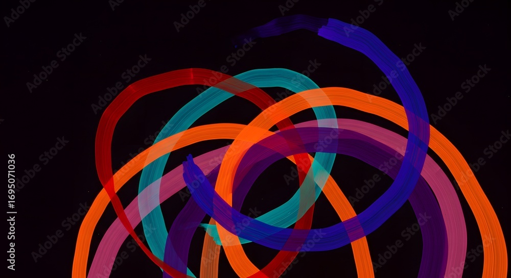 Poster abstract art featuring overlapping colorful curved lines on a stark black background design element