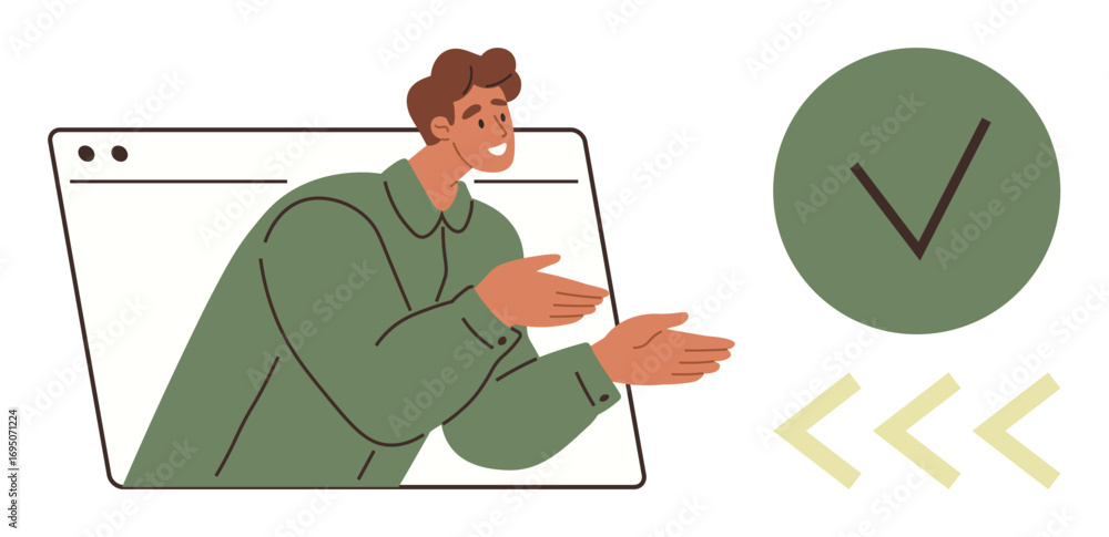 Poster man in browser window pointing at green checkmark, conveying approval, progress, or completion. idea