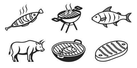 Barbecue Food Icons: Fish, Steak, and Bull