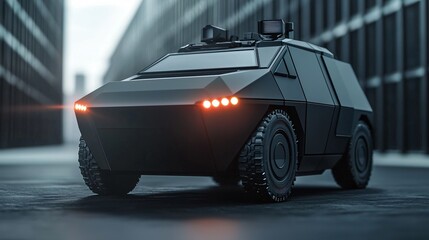 edium shot of autonomous armored vehicle equipped with sensor arrays and cameras.