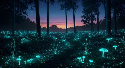 A forest at night filled with glowing mushrooms and plants under a colorful starry sky horizon view
