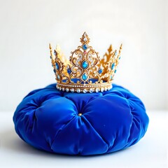 Regal Blue Velvet Cushion Adorned With A Sparkling Golden Royal Crown