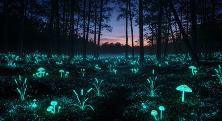 Glowing mushrooms and plants illuminate a dark forest at twilight creating a magical scene look 100