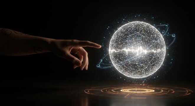 Futuristic Concept of a Hand Interacting with a Glowing Global Data Network Sphere