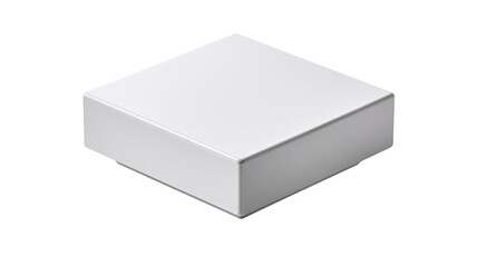 A white, square, box-shaped object, presented in a 3D isometric view.  The box has clean lines and a matte finish