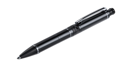 Sleek black pen, angled, showcasing a two-toned design.  The pen's body appears metallic and has a contoured grip.  Transparent elements are visible within the structure
